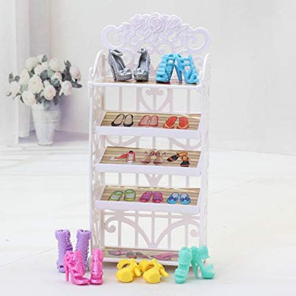 1 Doll Shoes Rack + 20 Pairs Doll Shoes Different Assorted Colors High Heel Shoes Doll Boots Flat Shoes Set Replacement for 11.5 inch Doll (Doll Rack & Shoes)
