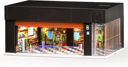 1/64 Scale Diecast Display Case for Hot Wheel Storage with LED Lights, Stackable Electric Garage with Voice Control, 3 Replaceable 3D Scenes Parking Lot Diorama for Model Cars (Brown)