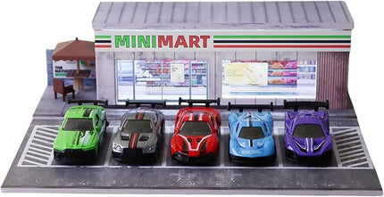 1/64 Model Car Display Shop Case for Adults, Premium in-House-Design Scale Diecast Parking Garage for Toy Cars, Toys Car Garage, Scenic Diorama Display Car Park with ith LED Lamps, Gifts for Men