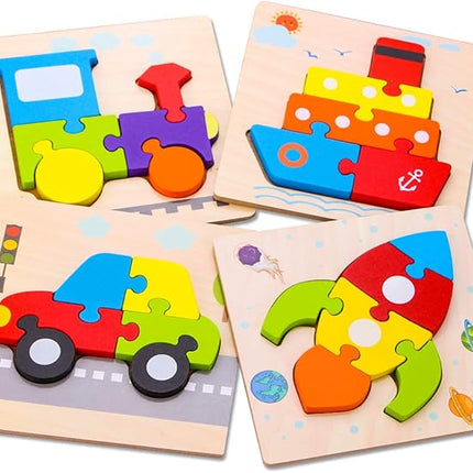 SKYFIELD Wooden Vehicle Toddler Puzzles for 1 2 3 Years Old Boys & Girls, Baby STEM Educational Toy Gift with 4 Vehicles Montessori Learning Puzzles, Bright Vibrant Color Shapes