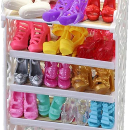 1 Doll Shoes Rack + 20 Pairs Doll Shoes Different Assorted Colors High Heel Shoes Doll Boots Flat Shoes Set Replacement for 11.5 inch Doll (Doll Rack & Shoes)