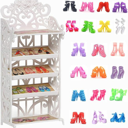 1 Doll Shoes Rack + 20 Pairs Doll Shoes Different Assorted Colors High Heel Shoes Doll Boots Flat Shoes Set Replacement for 11.5 inch Doll (Doll Rack & Shoes)