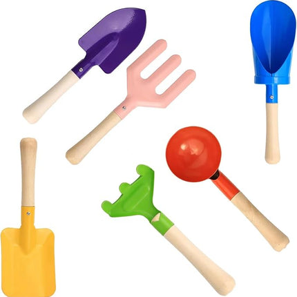 6 PCS 8" Kids Gardening Tools, Metal Beach Sandbox Digging Toys with Sturdy Wooden Handle, Safe Backyard Snow Sensory Playset Including Cylinder, Spoon, Fork, Rake, Flat & Pointed Shovels for Children