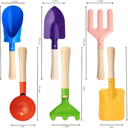 6 PCS 8" Kids Gardening Tools, Metal Beach Sandbox Digging Toys with Sturdy Wooden Handle, Safe Backyard Snow Sensory Playset Including Cylinder, Spoon, Fork, Rake, Flat & Pointed Shovels for Children