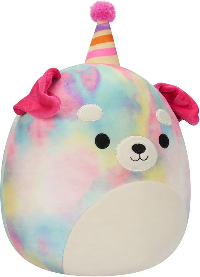 Squishmallows Original 12-Inch Delenne The Rainbow Tie-Dye Dog with Party Hat - Official Jazwares “Happy Birthday” Plush (Medium-Sized)