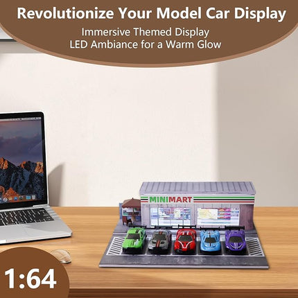 1/64 Model Car Display Shop Case for Adults, Premium in-House-Design Scale Diecast Parking Garage for Toy Cars, Toys Car Garage, Scenic Diorama Display Car Park with ith LED Lamps, Gifts for Men