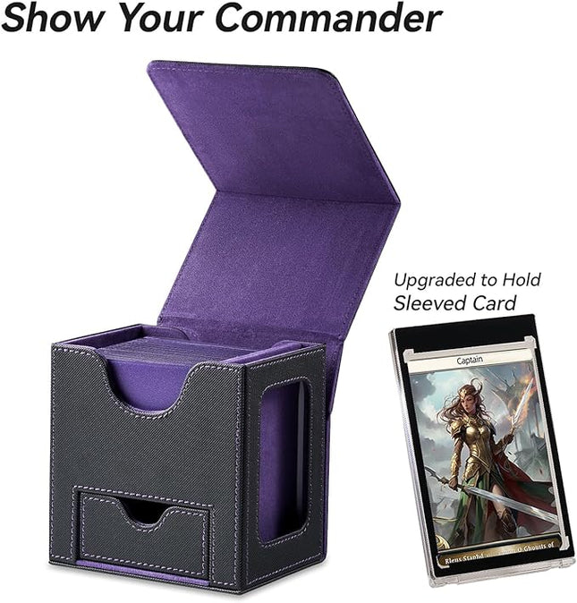 Mage Tech Card Deck Box for MTG Commander - Patented Design, Commander Display, Fits 100 Double-Sleeved Cards, 35pt Card Brick & Dice Tray - Black/Purple