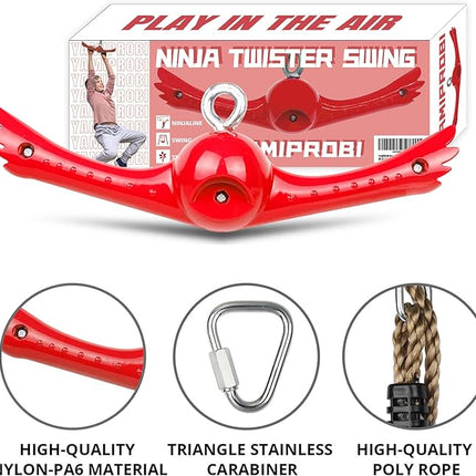 Ninja-Twister Swing Spins Set: Slackline Attachments - 360° Handle Twist-Spin Flips Toy Activate Ninja Powers Warrior Accessories Kids Hang Toys for Playground Backyard, Red
