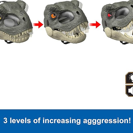 Mattel Jurassic World Rebirth T-Rex Rage N Roar Mask with LED Light Up Eyes, Blink Action with 3 Level Aggression Effect, Dinosaur Costume Headgear Toy