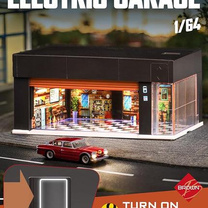 1/64 Scale Diecast Display Case for Hot Wheel Storage with LED Lights, Stackable Electric Garage with Voice Control, 3 Replaceable 3D Scenes Parking Lot Diorama for Model Cars (Brown)