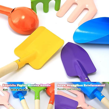 6 PCS 8" Kids Gardening Tools, Metal Beach Sandbox Digging Toys with Sturdy Wooden Handle, Safe Backyard Snow Sensory Playset Including Cylinder, Spoon, Fork, Rake, Flat & Pointed Shovels for Children