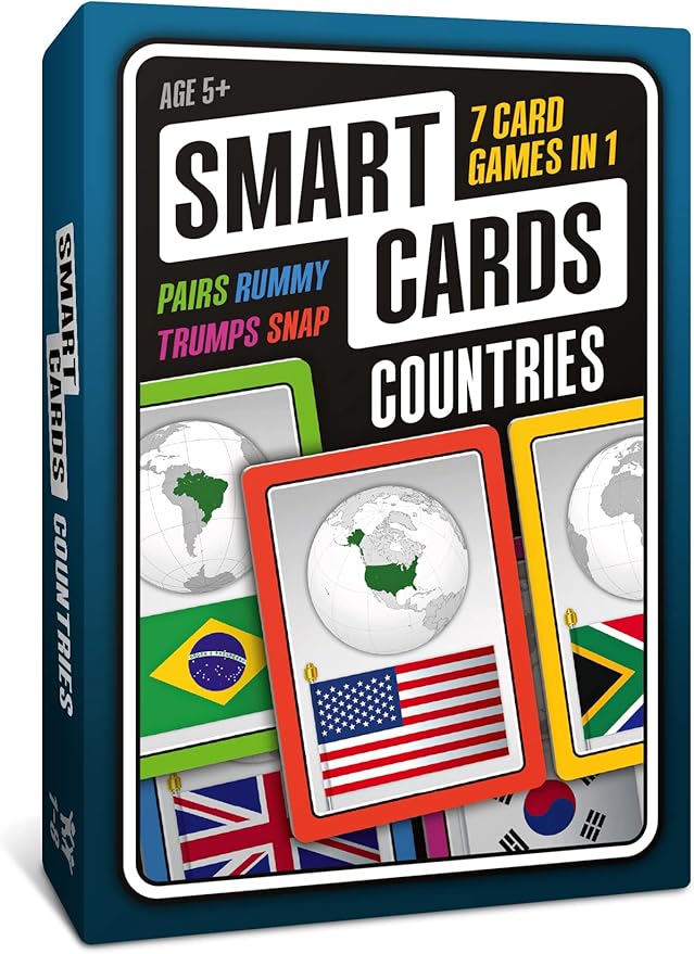 Countries, Gift, Stocking Stuffer, Travel Game, 7 Games in 1, Pairs, Snap, Trumps, Rummy, Memory Quiz, Learn Facts, Age 5+, 1-8 Players