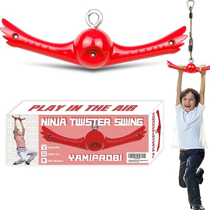 Ninja-Twister Swing Spins Set: Slackline Attachments - 360° Handle Twist-Spin Flips Toy Activate Ninja Powers Warrior Accessories Kids Hang Toys for Playground Backyard, Red