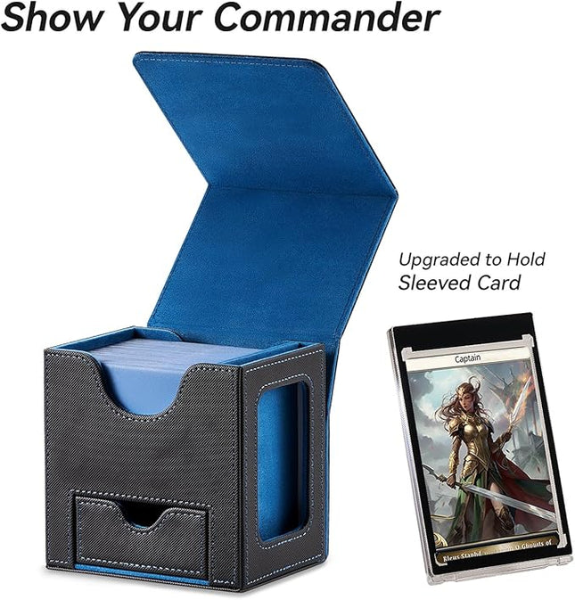 Mage Tech Card Deck Box for MTG Commander - Patented Design, Commander Display, Fits 100 Double-Sleeved Cards, 35pt Card Brick & Dice Tray - Black/Blue