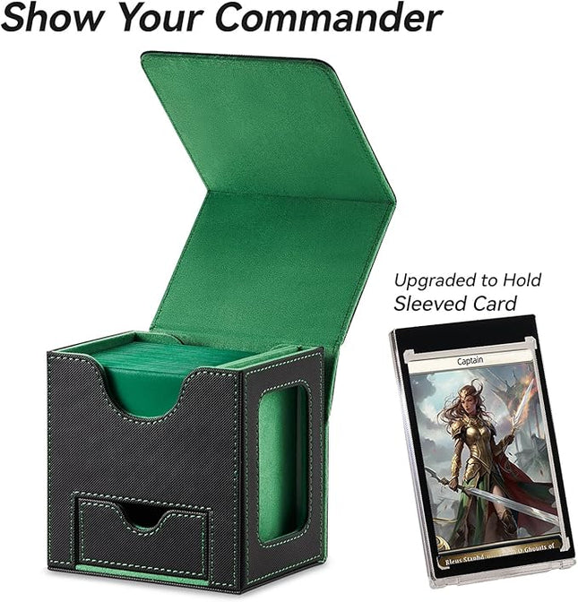 Mage Tech Card Deck Box for MTG Commander - Patented Design, Commander Display, Fits 100 Double-Sleeved Cards, 35pt Card Brick & Dice Tray - Black/Green