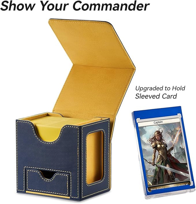 Mage Tech Card Deck Box for MTG Commander - Patented Design, Commander Display, Fits 100 Double-Sleeved Cards, 35pt Card Brick & Dice Tray - Blue/Yellow