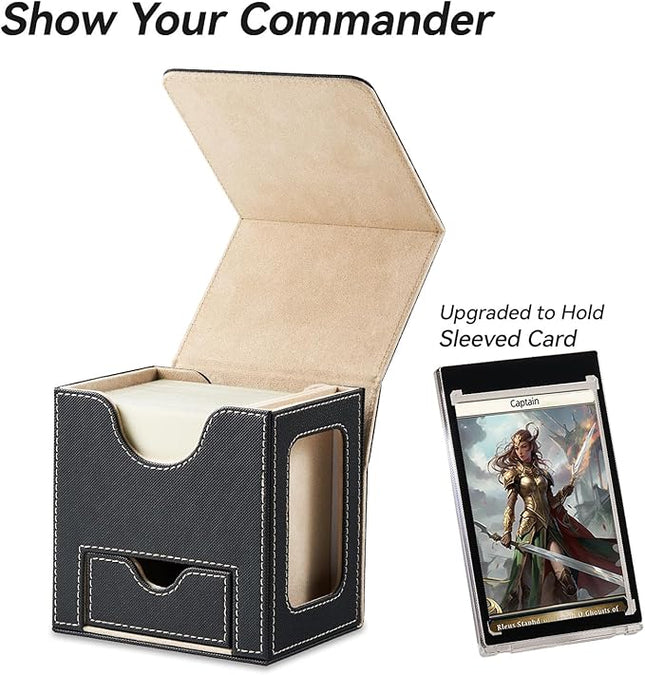 Mage Tech Card Deck Box for MTG Commander - Patented Design, Commander Display, Fits 100 Double-Sleeved Cards, 35pt Card Brick & Dice Tray - Black/Pale Gold