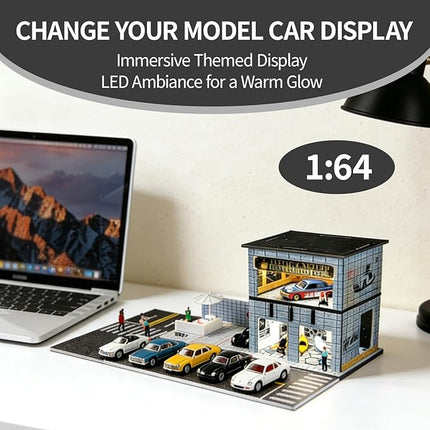 1/64 Model Car Display Shop Case for Adults, Premium in-House-Design Scale Diecast Parking Garage for Toy Cars, Toys Car Garage, Scenic Diorama Display Car Park with ith LED Lamps, Gifts for Men