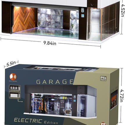 1/64 Scale Diecast Display Case for Hot Wheel Storage with LED Lights, Stackable Electric Garage with Voice Control, 3 Replaceable 3D Scenes Parking Lot Diorama for Model Cars (White)