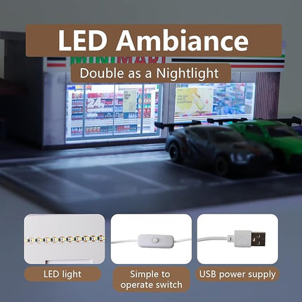 1/64 Model Car Display Shop Case for Adults, Premium in-House-Design Scale Diecast Parking Garage for Toy Cars, Toys Car Garage, Scenic Diorama Display Car Park with ith LED Lamps, Gifts for Men