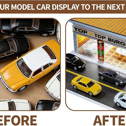 1/64 Model Car Display Shop Case for Adults, Premium in-House-Design Scale Diecast Parking Garage for Toy Cars, Toys Car Garage, Scenic Diorama Display Car Park with ith LED Lamps, Gifts for Men