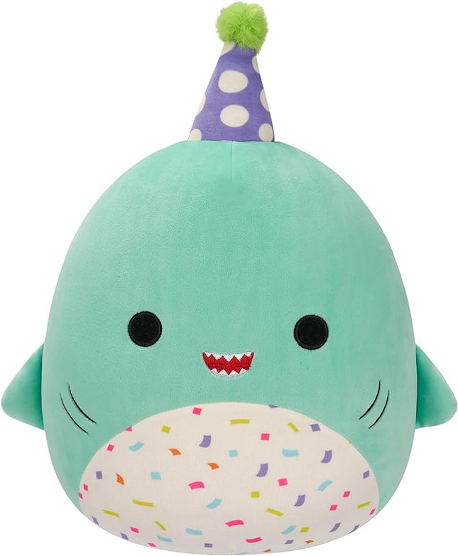 Squishmallows Original 12-Inch Sharon The Teal Shark with Party Hat + Confetti Belly - Official Jazwares “Happy Birthday” Plush (Medium-Sized)
