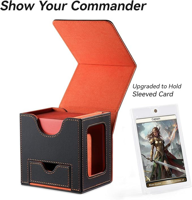 Mage Tech Card Deck Box for MTG Commander - Patented Design, Commander Display, Fits 100 Double-Sleeved Cards, 35pt Card Brick & Dice Tray - Grey/Orange