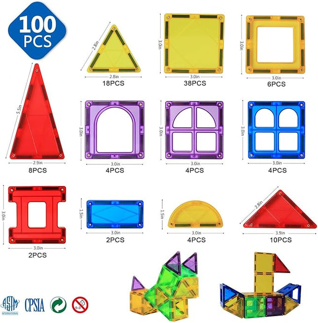 MAGBLOCK Magnetic Tiles Toys for Kids Magnet Building Tiles 100 Pcs Magnetic Blocks Preschool Building Sets Educational Toys for Toddlers Boys and Girls.