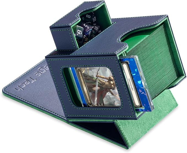 Mage Tech Card Deck Box for MTG Commander - Patented Design, Commander Display, Fits 100 Double-Sleeved Cards, 35pt Card Brick & Dice Tray - Blue/Green