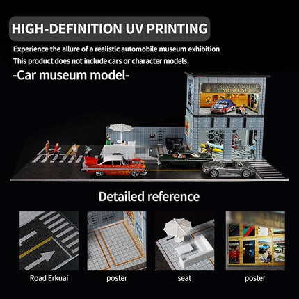 1/64 Model Car Display Shop Case for Adults, Premium in-House-Design Scale Diecast Parking Garage for Toy Cars, Toys Car Garage, Scenic Diorama Display Car Park with ith LED Lamps, Gifts for Men