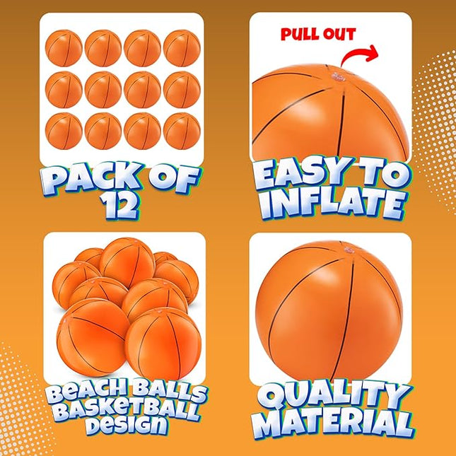 Inflatable Basketballs (Pack of 12) 16-inch Beach Balls for Pool Beach Toys & Basketball Party Favors for Kids Sports Themed Birthday Party Decorations, Outdoor Backyard Summer Pool Games Supplies