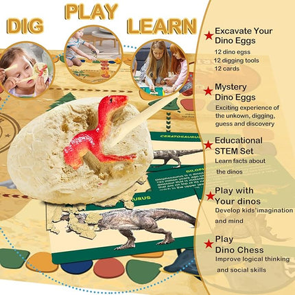 Dino Fossil Eggs Dinosaur Toys - 12 Dinosaur Eggs Dig Excavation Kit w Play Mat for Kids Ages 5-7 Easter Basket Essentials STEM Toy Christmas Birthday Gift for Boys Girls 3 4 5 6 7 8 + 8-13 Years Old