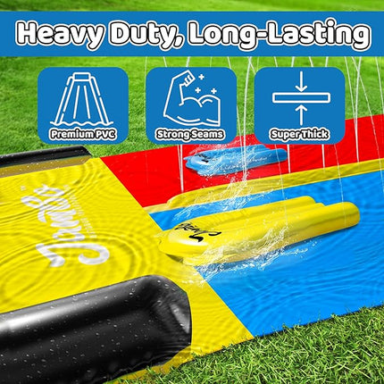 JAMBO 25ft Double Lane Slip Splash and Slide with 2 Bodyboards with Built in Sprinkler for Backyard Outdoor Water Fun for Kids