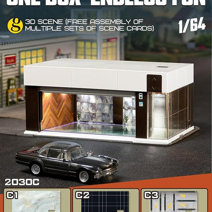 1/64 Scale Diecast Display Case for Hot Wheel Storage with LED Lights, Stackable Electric Garage with Voice Control, 3 Replaceable 3D Scenes Parking Lot Diorama for Model Cars (White)