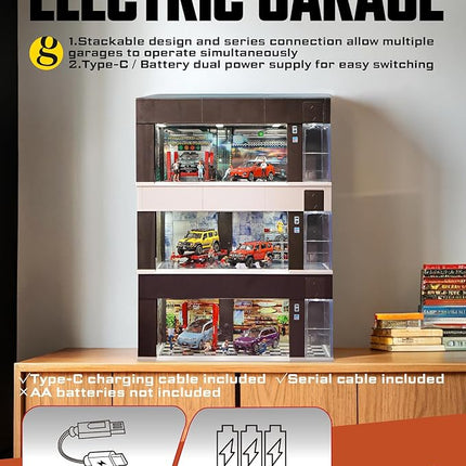 1/64 Scale Diecast Display Case for Hot Wheel Storage with LED Lights, Stackable Electric Garage with Voice Control, 3 Replaceable 3D Scenes Parking Lot Diorama for Model Cars (Brown)