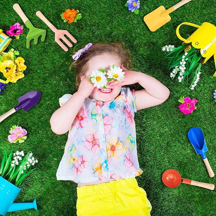 6 PCS 8" Kids Gardening Tools, Metal Beach Sandbox Digging Toys with Sturdy Wooden Handle, Safe Backyard Snow Sensory Playset Including Cylinder, Spoon, Fork, Rake, Flat & Pointed Shovels for Children