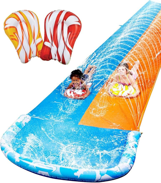 JOYIN 32.5FT Water Slide and 2 Inflatable Boards, Extra Long Double Lawn Heavy Duty Splash Mat Pad with Sprinkler for Kids Adults Backyard Summer Water Toy Outdoor Fun, Blue, Orange