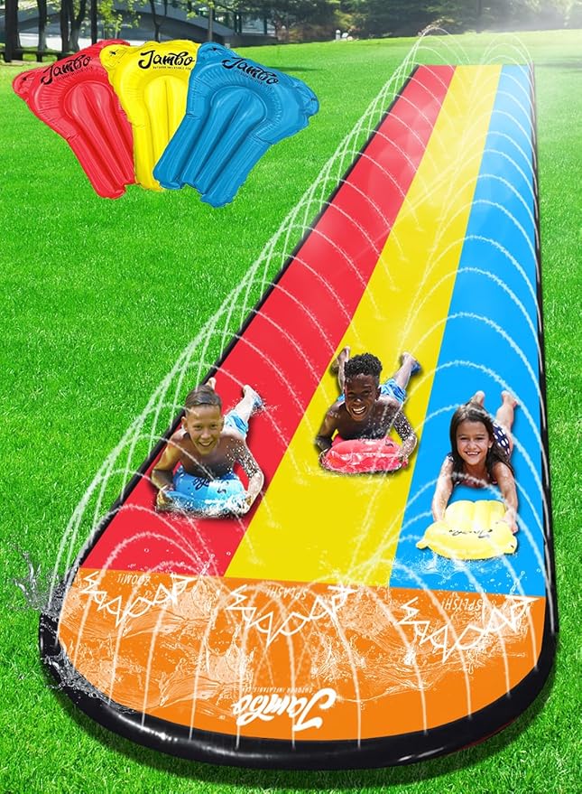 JAMBO 25Ft Premium XXL Slip Splash and Slide with 3 Bodyboards, Heavy Duty Water Slide- Advanced 3-Way Sprinkler System, Splash Mat Splash Pad Backyard Waterslide Outdoor Water Toys n Slides for Kids