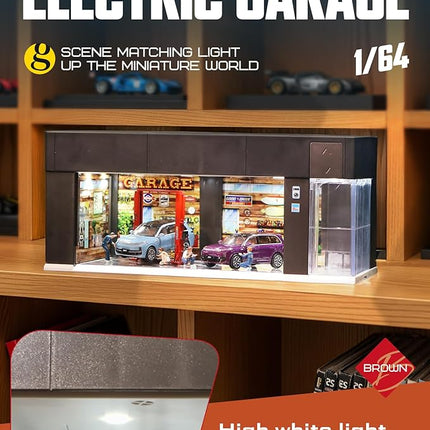 1/64 Scale Diecast Display Case for Hot Wheel Storage with LED Lights, Stackable Electric Garage with Voice Control, 3 Replaceable 3D Scenes Parking Lot Diorama for Model Cars (Brown)