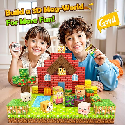 1" Magnetic Blocks - Build Mine Magnet World Farm Animals Set, 100PCS Vibrant Colorful Magnetic Blocks with Ultra Magnet Strength for Kids Ages 3-12, STEM Toys Ideal Gifts for 3+ Years Old Boys Girls