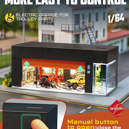 1/64 Scale Diecast Display Case for Hot Wheel Storage with LED Lights, Stackable Electric Garage with Voice Control, 3 Replaceable 3D Scenes Parking Lot Diorama for Model Cars (Brown)