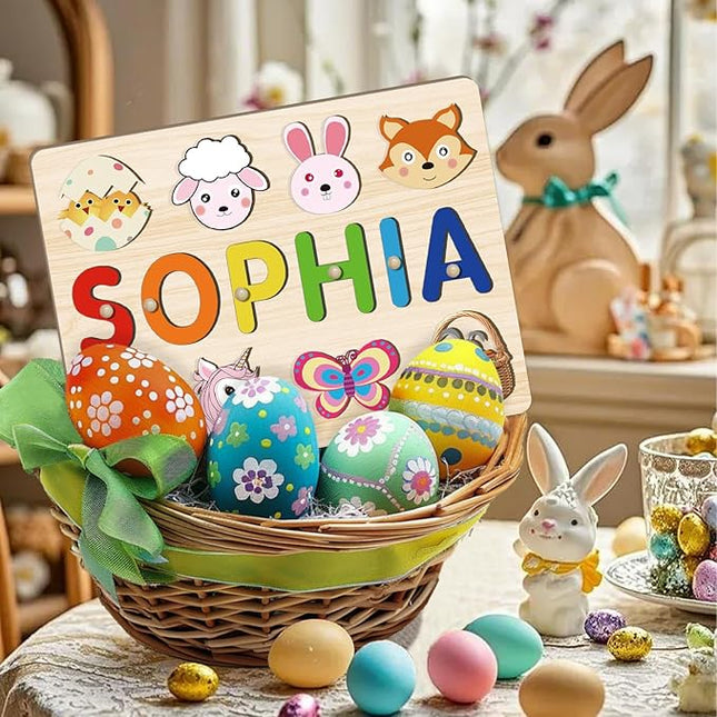Name Puzzle for Kids Personalized, Baby Easter Basket Stuffer - Custom Baby Boys Girls Easter Birthday Gifts with Engraved Text on Back, Montessori Learning Toys for Toddler 1-3