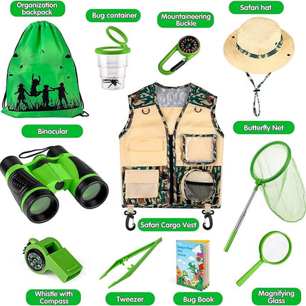 INNOCHEER Kids Explorer Kit & Bug Catcher Kit & Safari Costume Kit, Outdoor Exploration Set with Hat, Vest, Butterfly Net and Bugs Book for Boys Girls 3-12 Years Old (Camouflage Green)
