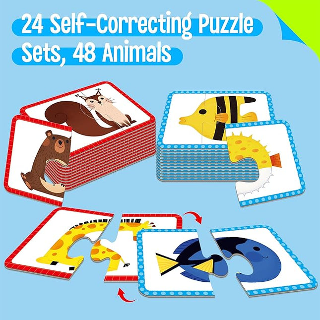 48 Animal Memory Matching Puzzles with Error-Correction, Self-Correcting Puzzle Match Game Educational Learning Activities for Toddlers Kindergarten, Animal-Themed Learning Games Toys for 3 Years Old