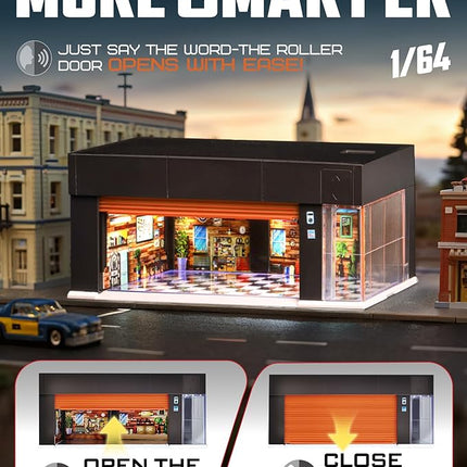 1/64 Scale Diecast Display Case for Hot Wheel Storage with LED Lights, Stackable Electric Garage with Voice Control, 3 Replaceable 3D Scenes Parking Lot Diorama for Model Cars (Brown)