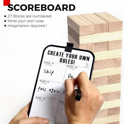 Outdoor Games Large Tower Stacking Game, 54 Wooden Blocks, Stack Up to 4 Ft Tall, Includes Carry Bag and Scoreboard, Backyard and Beach Lawn Yard Fun for Adults and Family