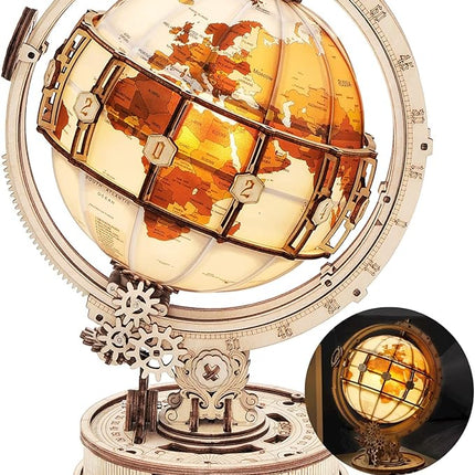 ROKR 3D Wooden Puzzles for Adults Illuminated Globe with Stand 180pcs 3D Puzzles Built-in LED Model Kit Hobby Gifts for Adults Home Decor