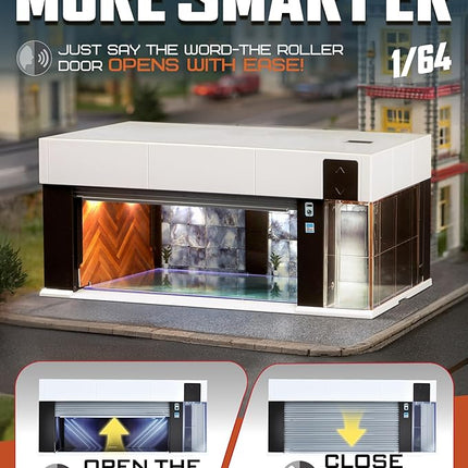 1/64 Scale Diecast Display Case for Hot Wheel Storage with LED Lights, Stackable Electric Garage with Voice Control, 3 Replaceable 3D Scenes Parking Lot Diorama for Model Cars (White)