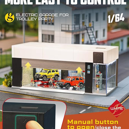 1/64 Scale Diecast Display Case for Hot Wheel Storage with LED Lights, Stackable Electric Garage with Voice Control, 3 Replaceable 3D Scenes Parking Lot Diorama for Model Cars (White)