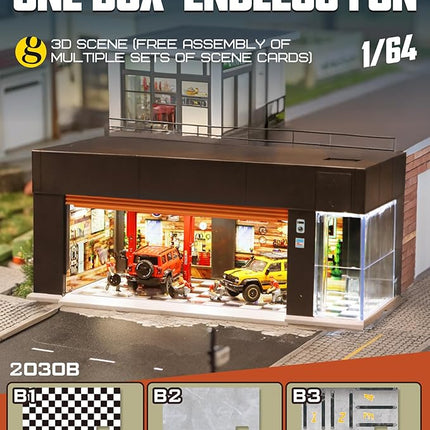 1/64 Scale Diecast Display Case for Hot Wheel Storage with LED Lights, Stackable Electric Garage with Voice Control, 3 Replaceable 3D Scenes Parking Lot Diorama for Model Cars (Brown)